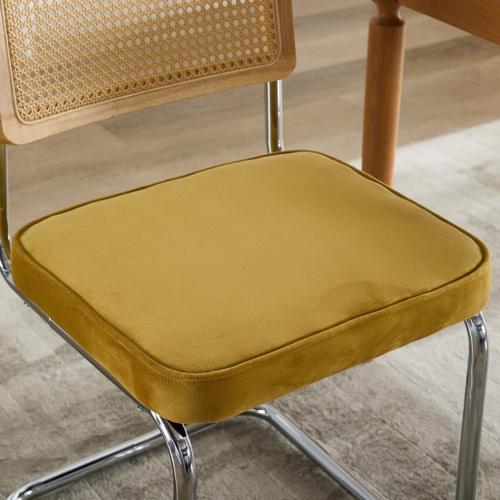 Mid Century Modern Dining Chairs Set of 2, Velvet Accent Chairs with Natural Cane Back & Stainless Chrome Base, Golden color, DE1851GL