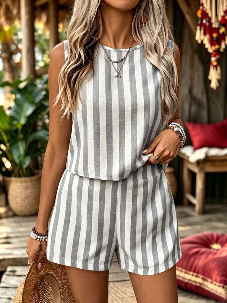 1116 summer European and American women's clothing striped casual suit sleeveless crew neck top + loose shorts two-piece set