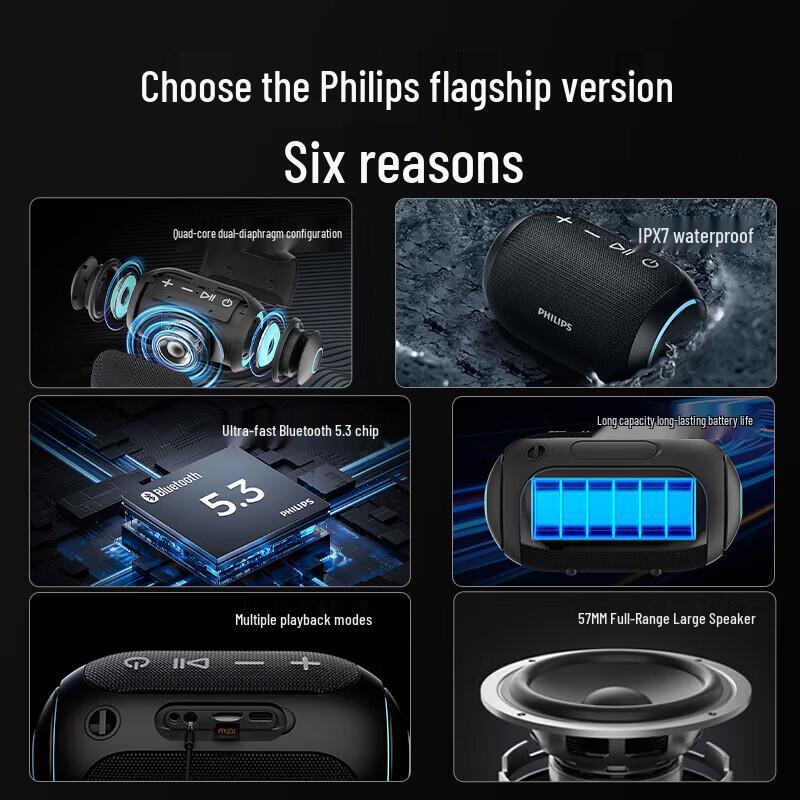 Philips TAS3209 Портативная водонепроницаемая Bluetooth-колонка с китайской вилкой (адаптер в комплекте)