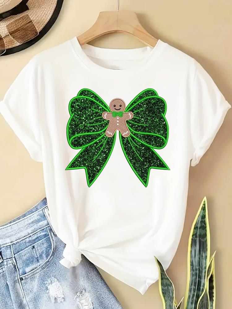 (Asian Size) New Year T Clothing Short Sleeve T-shirts Print Merry Christmas Letter 90s Trend Cute O-neck Women's Top Fashion Holiday Graphic Tee