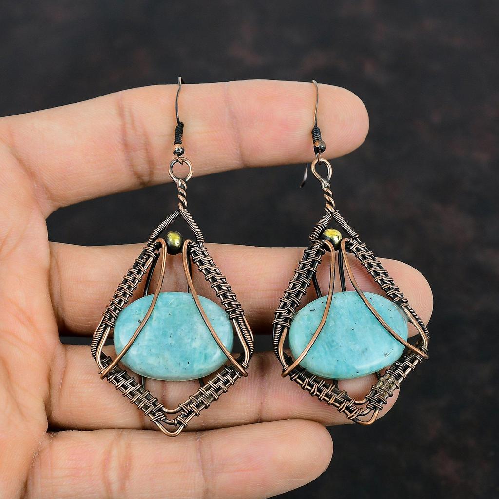 Amazonite Earring Copper Wire Wrapped Gemstone Earrings Handmade Elegant Earring Antique Copper Jewelry Gifts For Mother Birthstone Jewelry