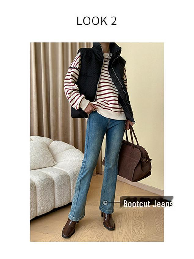 Синан Французский Полосатый Контрастный Круглый вырез Свободный Плюс Бархатный Свитшот SN4694