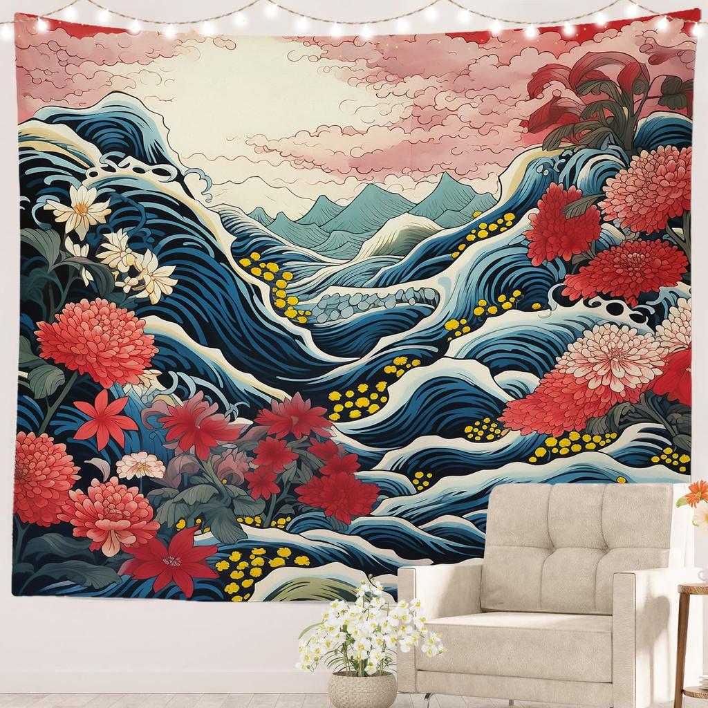 Luxurious Japanese Wave Floral Tapestry Anime Ukiyo-e Style Ocean Landscape Wall Decor Home Decoration Polyester Print Art