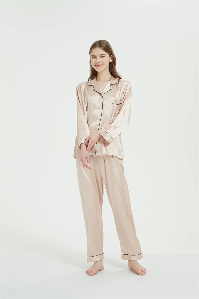 Pajamas Silk Satin Top and Bottom Set Room Wear Loungewear Long Sleeve Open Front Light Pink L [KUMASEN] Women's