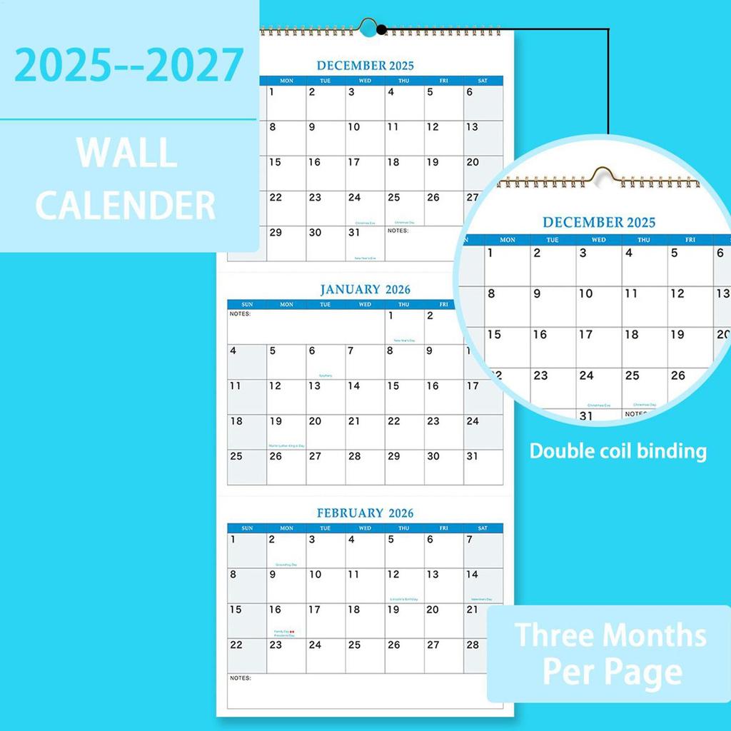 Настенный календарь на 2026 год с 3-месячным вертикальным отображением, с декабря 2025 года по январь 2027 года, для ежедневного расписания, ежемесячного планировщика организации