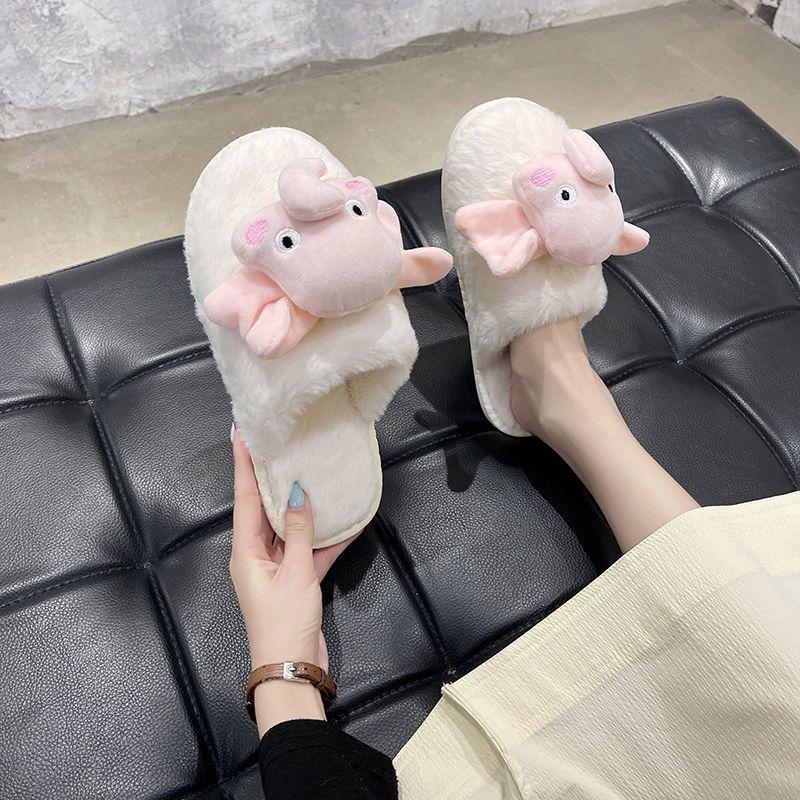 Home Soft Bottom Fluffy Slippers Fluffy Slippers Women's 2025 Winter Cute Sweet Cute Baby Elephant Girl Heart Cotton Slippers