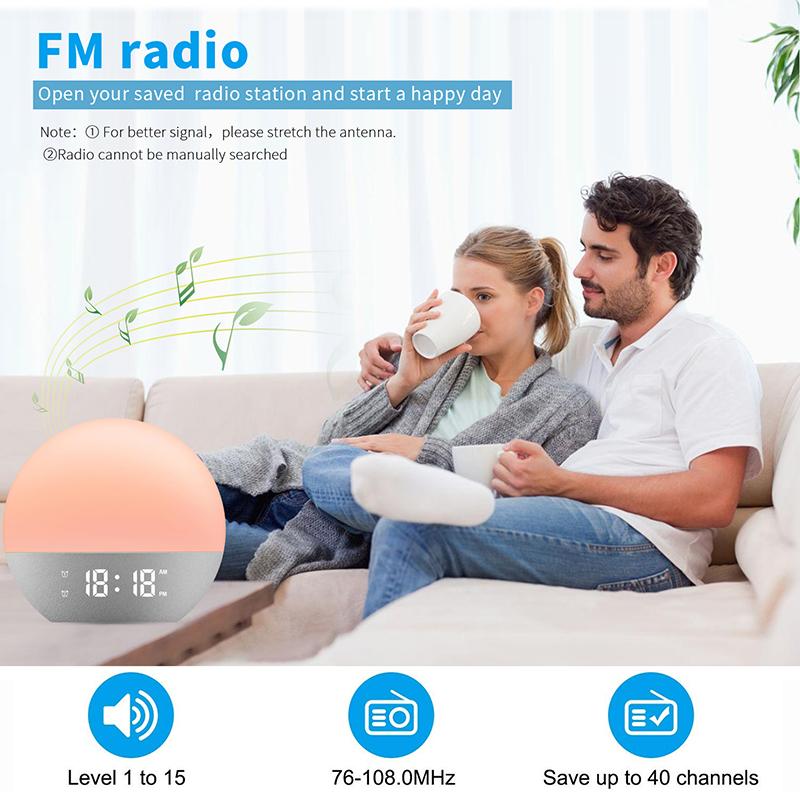 Wake Up Light Alarm Clock Sunrise/Sunset Simulation FM Radio Color Night Light White Noise Machine Bedside Clock for Home Decor