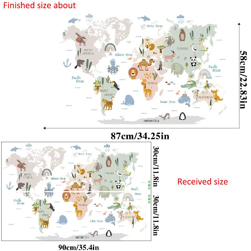 Cartoon Animal World Map Wall Sticker Self Adhesive Kids Room Bedroom Background Kindergarten Classroom Decor