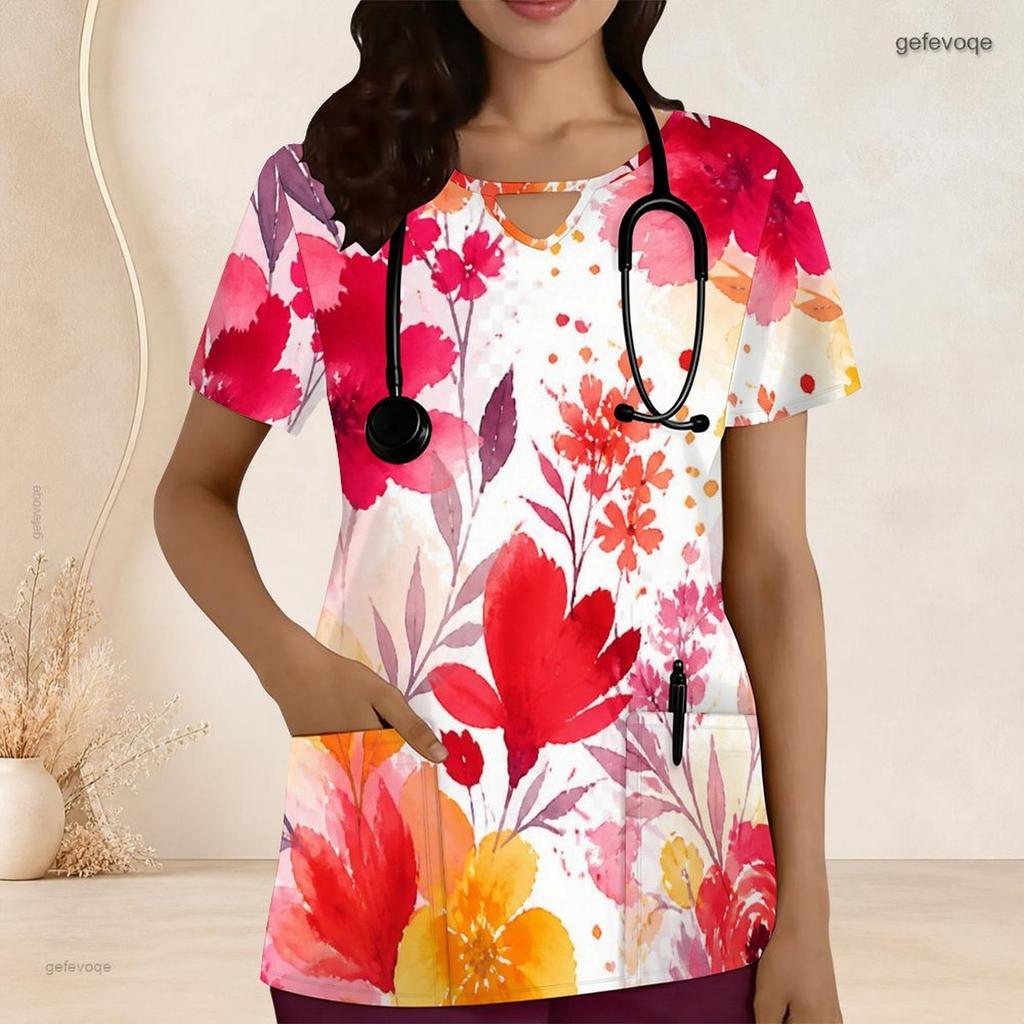 Women Plus Size Keyhole Neck Short Sleeve Floral Printed Nurse Scrub Top With Front Pockets