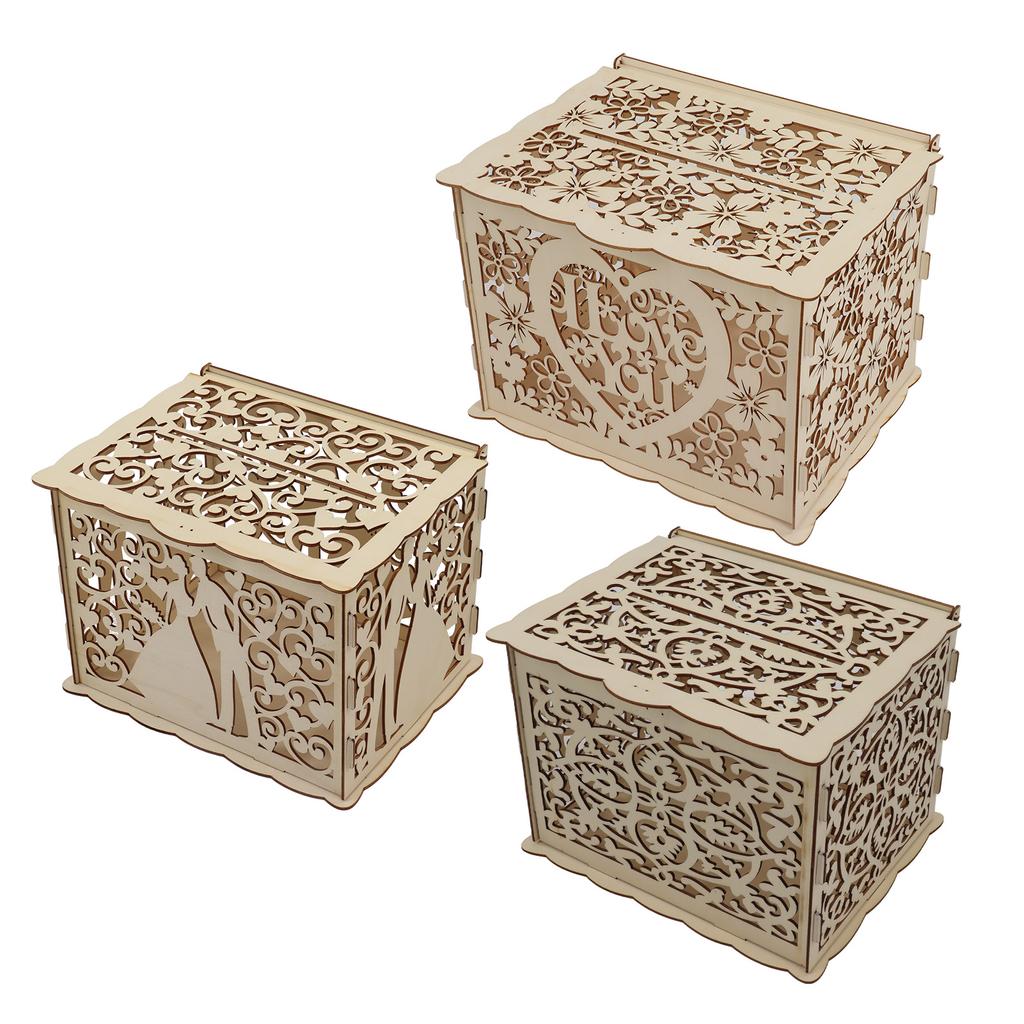 DIY Hollow Wooden Box Gift Card Money Case Wedding Reception Decoration Box Easy Assembly