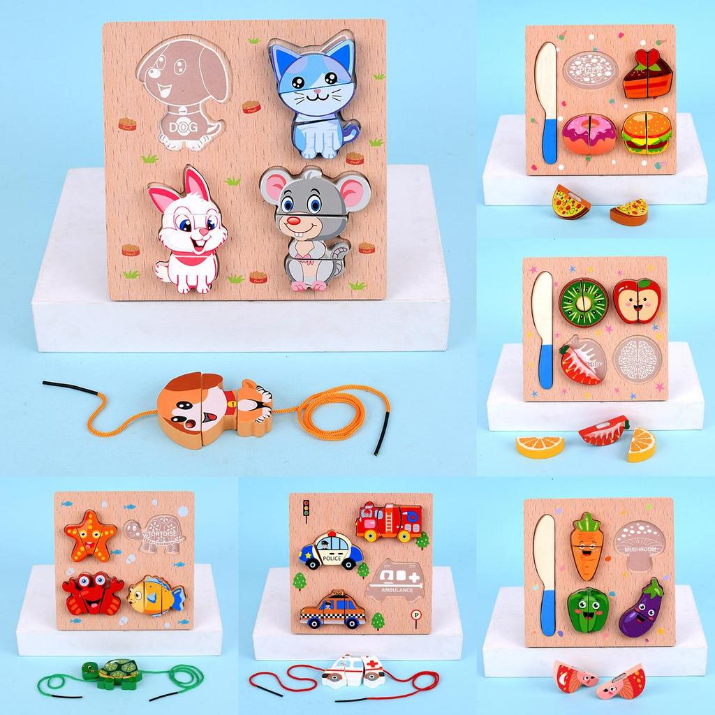 Деревянный набор кубиков-пазлов для детей с разноцветными изображениями фруктов и животных для раннего развития