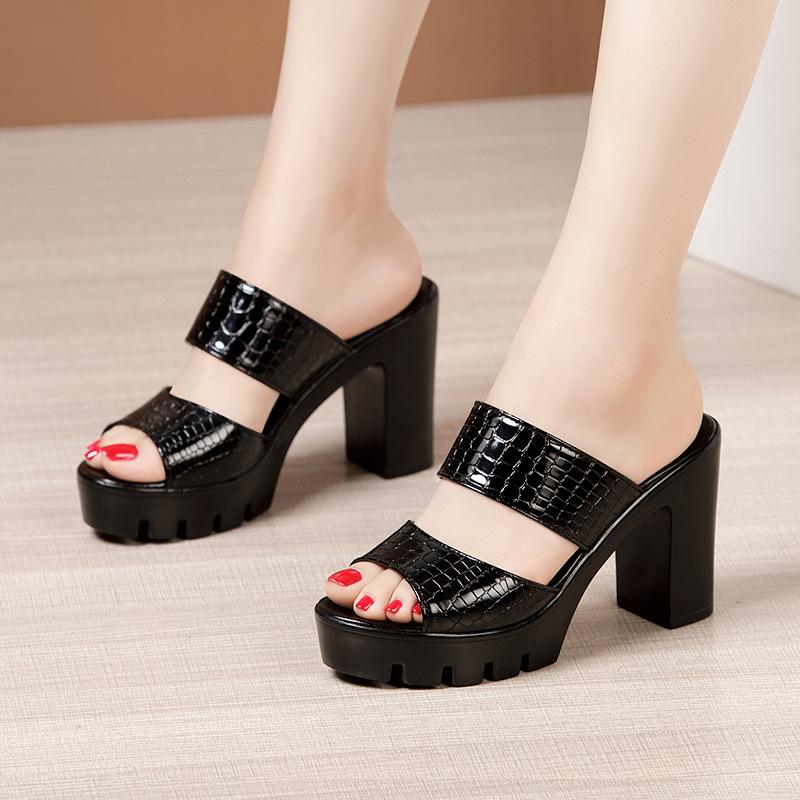 Womens High Heels Sandals Patent Leather Thick Bottom Slippers Ladies Summer Slippers Woman Platform High Heels Shoes Size 32-43