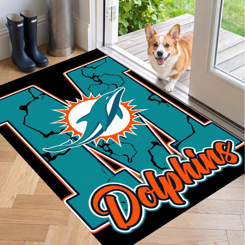 Crystal Velvet Rug with Miami Dolphins Design, Soft Non-Slip Floor Mat for Living Room Bedroom Decor