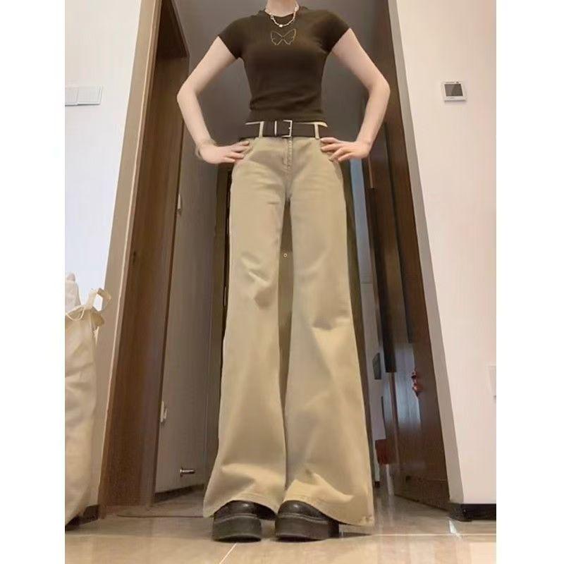 Khaki Slimming Micro Flare Low-Waist Floor-Length Jeans for Women