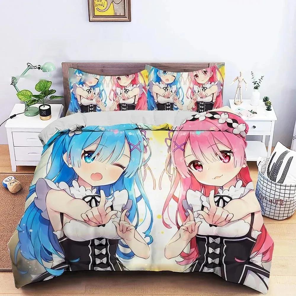 Комплект постельного белья с 3D-принтом аниме Re Zero Рем Рам для мальчиков и девочек, двуспальный, королевский размер, пододеяльник, наволочка, кровать, детский, взрослый, домашний текстиль