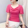 New Fashion Women's Chic Butterfly Sleeve Hot Diamonds Summer T-shirt Sexy Square Neck Slim Mesh Tops Elegant Female Tees
