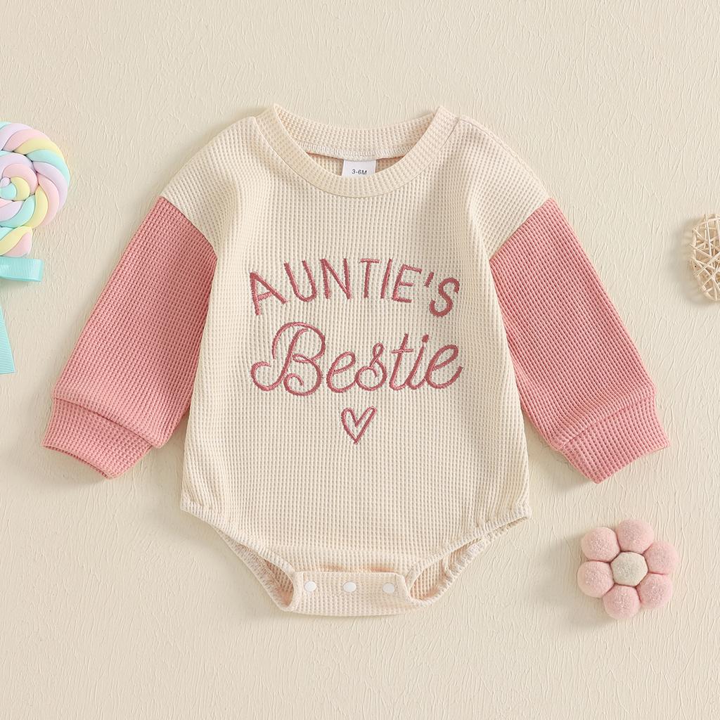 Baby Girl Romper Long Sleeve Round Neck Letter Embroidery Waffle Bodysuit Little Girl Outfit