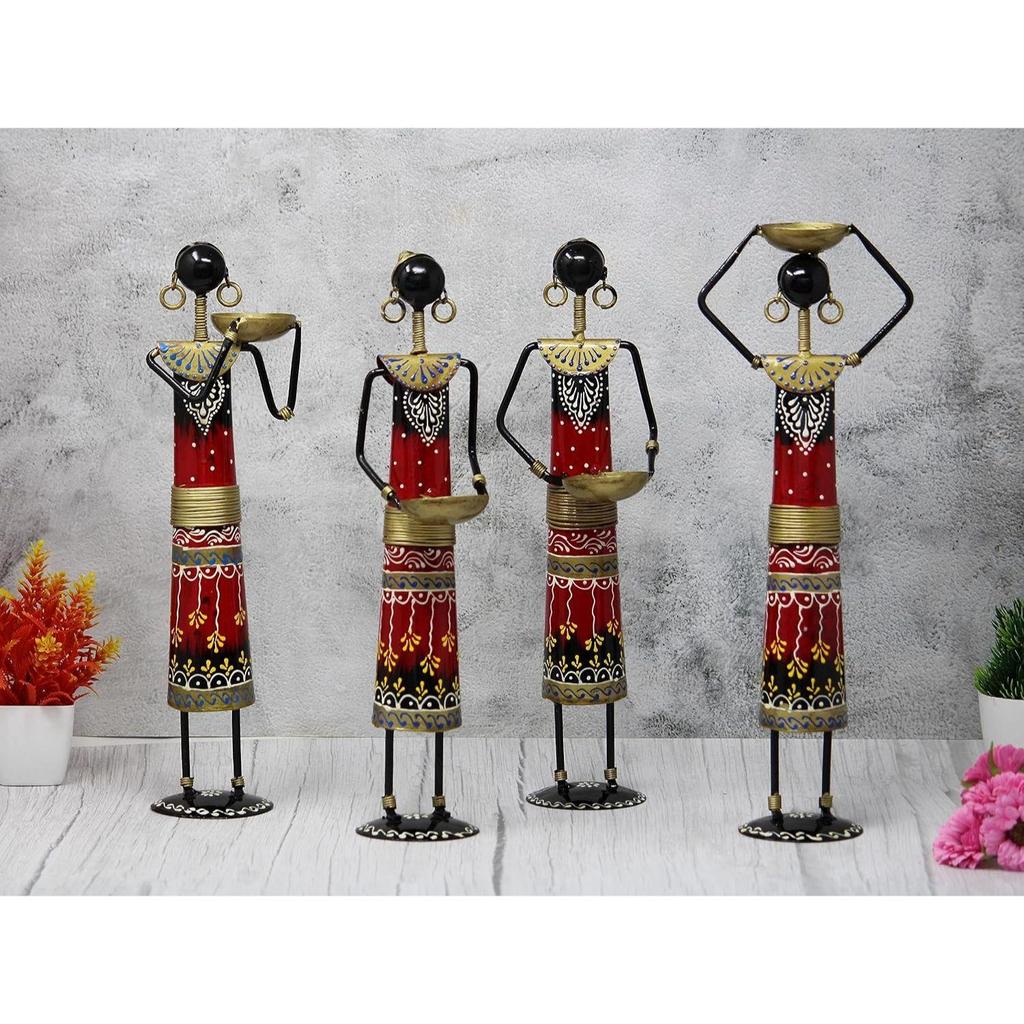 Handmade Handcrafted Wrought Iron Tribal Village Lady Doll Nerga Worker Showpiece Items for Home Décor (Length 3 Inch Height 13.5 Inch) Set of 4 Pcs