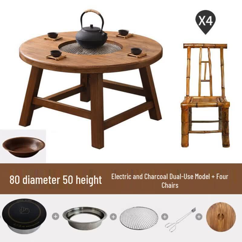 JINGGENG Old Elm Wood Outdoor Brazier & BBQ Dining Table