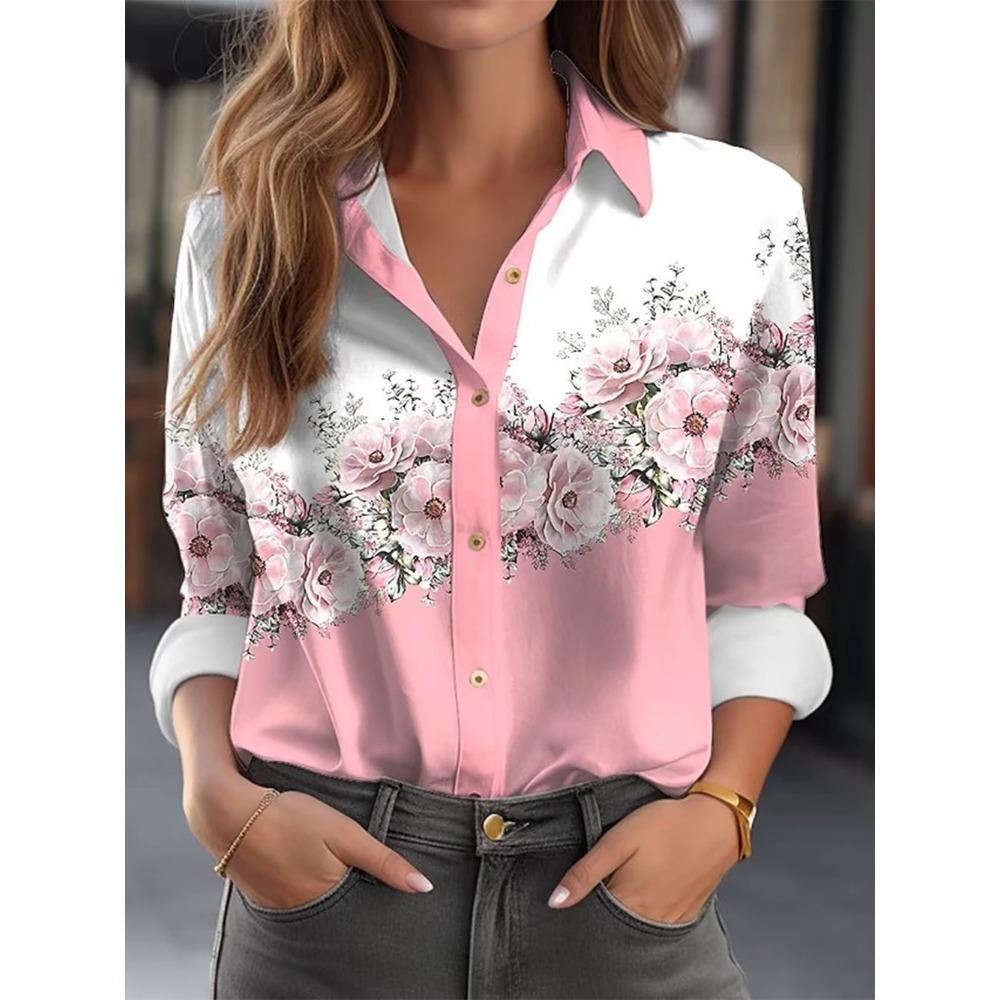 Women Satin Floral Blouse Long Sleeve Button Down Shirt Turn Down Collar Silky Loose Fit Elegant