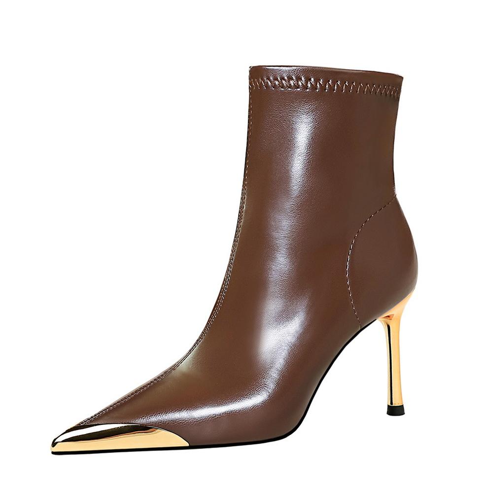 Зимние короткие сапоги, Тонкие каблуки, Очень высокие каблуки, Женские сапоги, Короткие сапоги-трубы, Металлический острый носок, Модные короткие сапоги