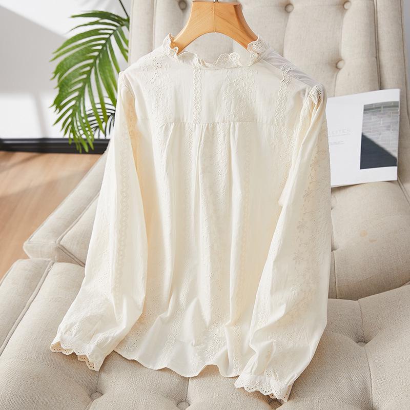 Абрикосовая женская рубашка с длинным рукавом из чистого хлопка с вышивкой - новый дизайн весны 2025 года