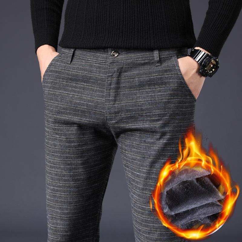 2024 Осень и зима Новый стиль клетчатые и плюшевые толстые повседневные брюки облегающие брюки, износостойкие брюки из хлопка и льна для мужчин