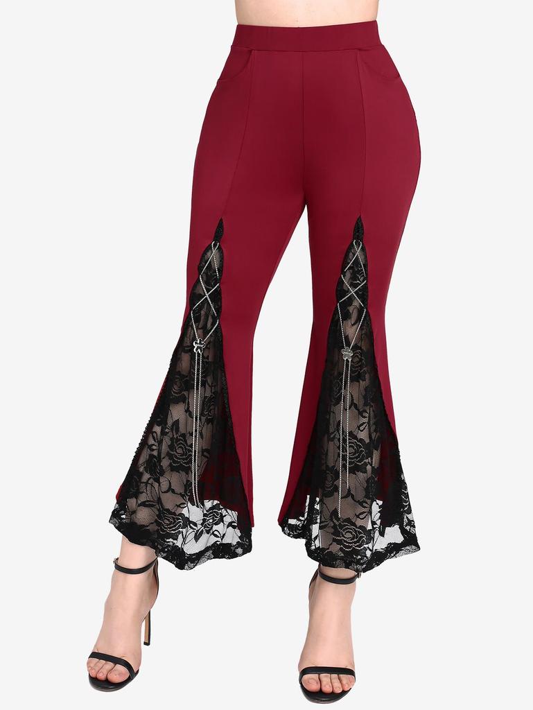 Rosegal Plus Size Цветочные кружевные карманы Цепочки плетеные брюки клеш