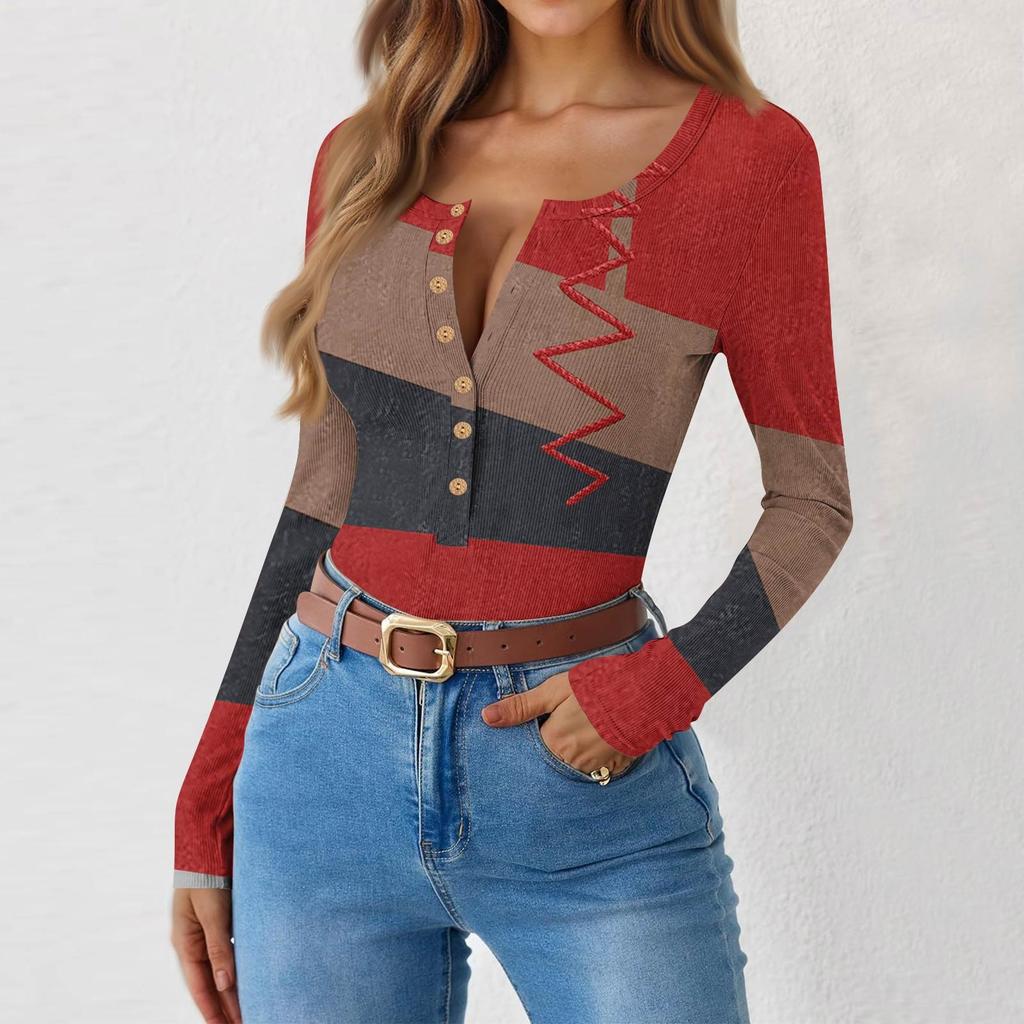 Women's Slim Bottom T-shirt Fashion Casual Gradient Printing Round Neck Pullover Long Sleeve Top
