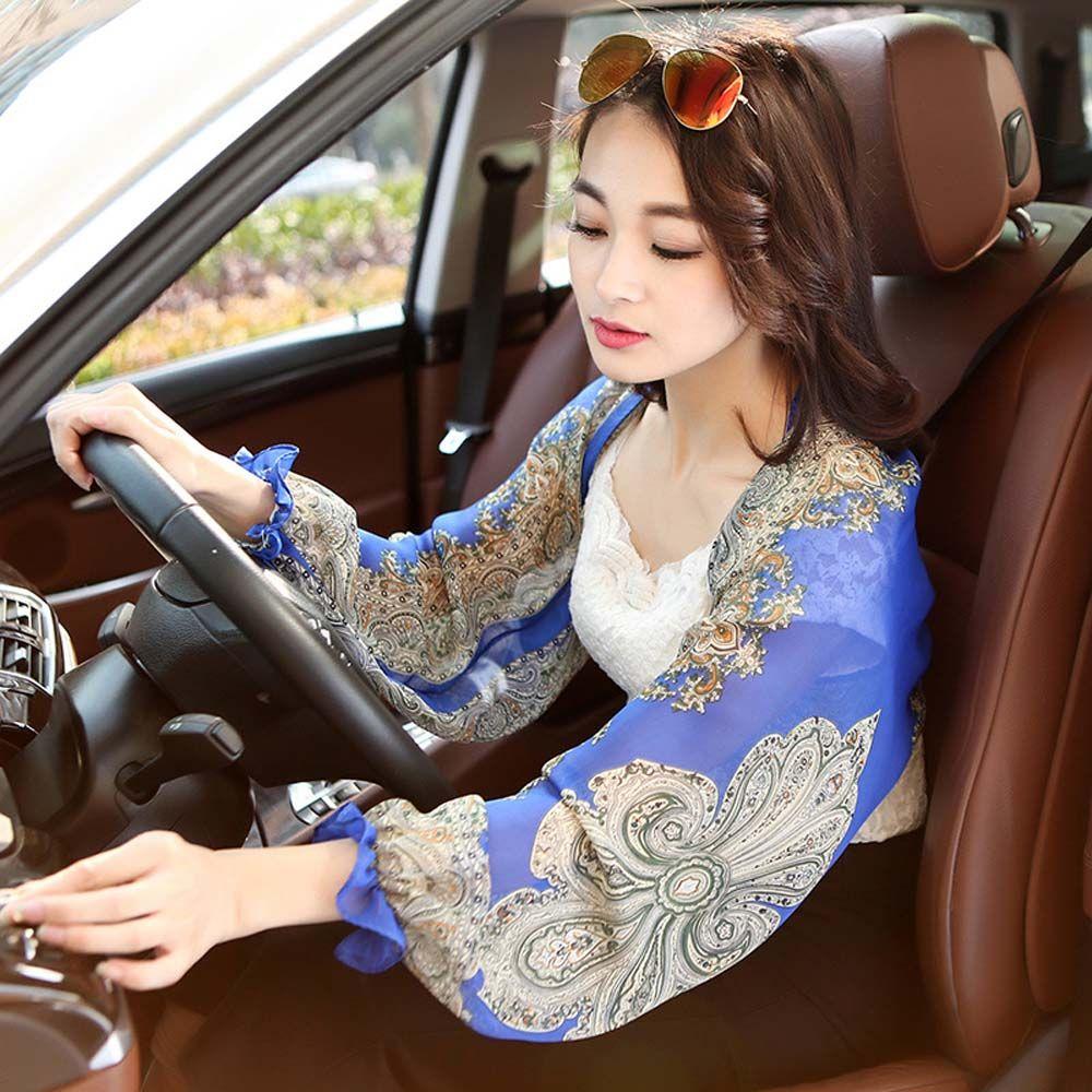 Anti-UV Summer Outdoor Riding Women Floral Fashion Chiffon Arm Sleeve Shawl Sun Sleeve