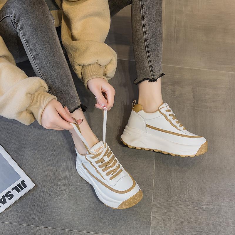 Кожаные маффины толстая подошва внутренняя высота увеличение маленькие белые туфли женские новые повседневные простые одинарные туфли