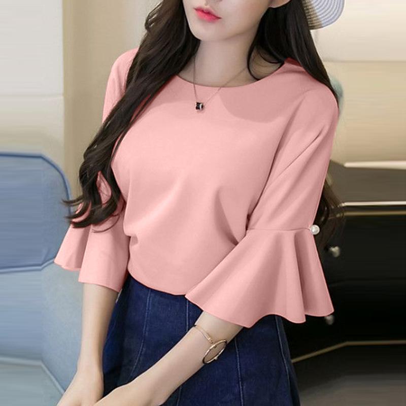 ZANZEA Женская прямая однотонная свободная блузка с круглым вырезом и расклешенными рукавами 3/4