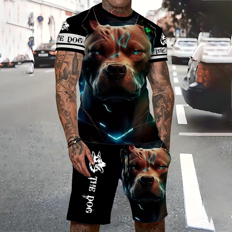 Мужской костюм, летний повседневный дышащий освежающий костюм с принтом 3D волка, свободный мужской топ, модный, короткие рукава