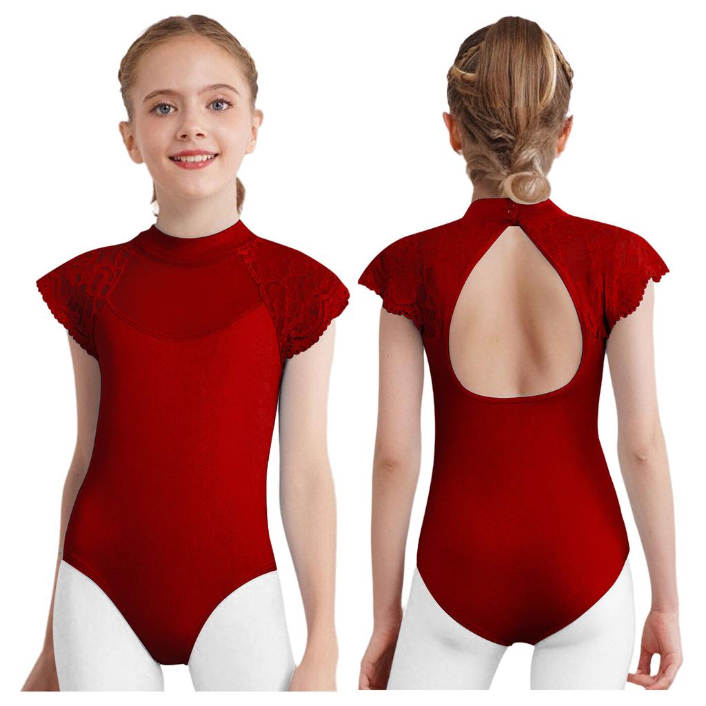 Girls Ballet Exam Leotard Lace Cap Sleeves Sheer Mesh Patchwork Cutout Dance Practice Wear