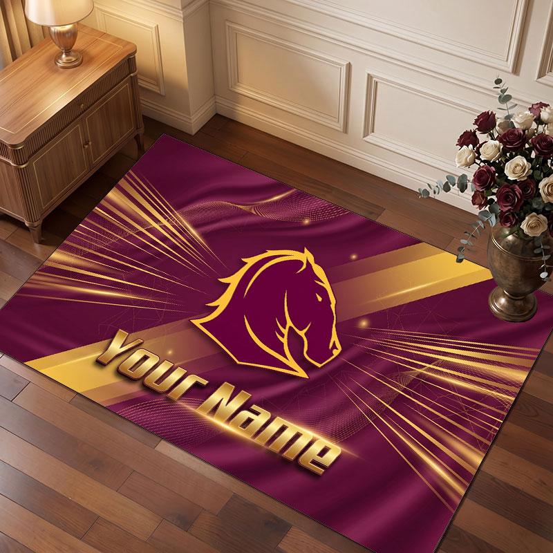 Brisbane Broncos Personalized Crystal Velvet Carpet, Customized Name Text Soft Anti‑Slip Rug for Living Room Bedroom