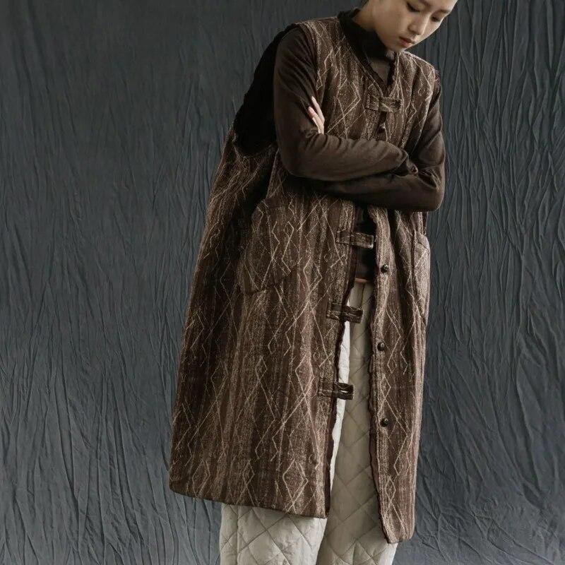 Johnature Женские хлопковые жилеты в китайском стиле, пальто с v-образным вырезом и цветочным принтом, весенние свободные винтажные женские длинные жилеты