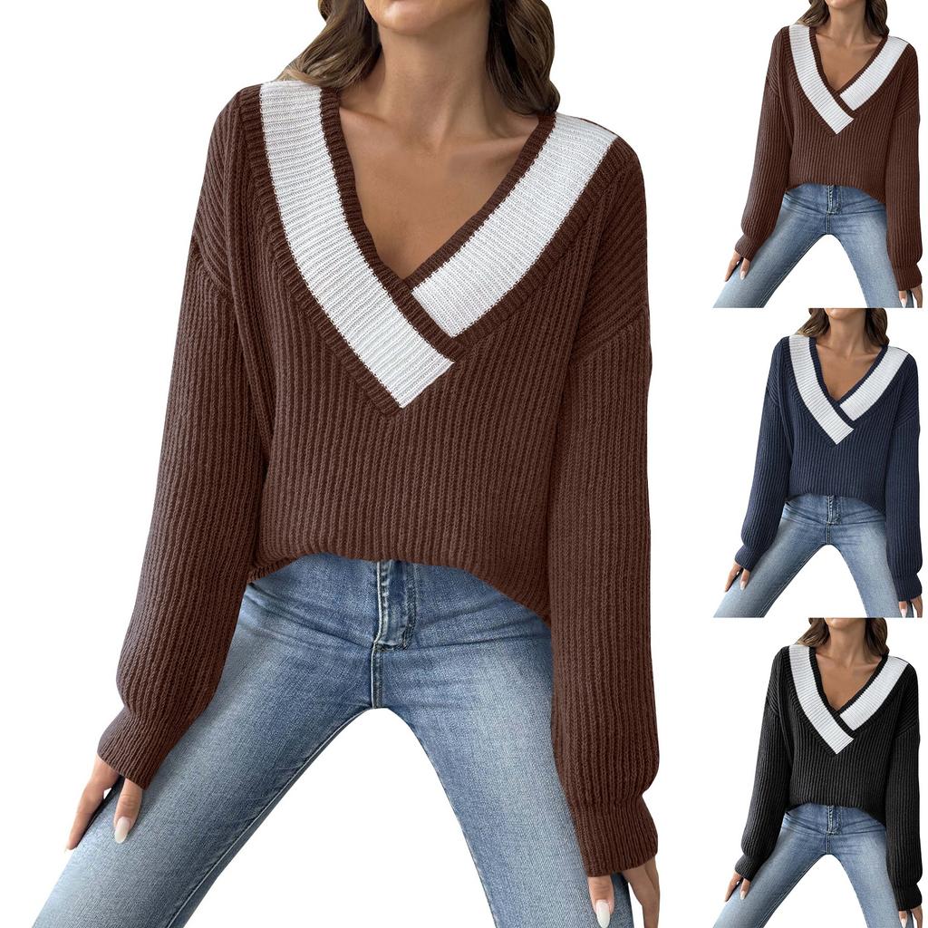 Women's Contrasting Color Patchwork Large V-neck Loose Sweater Pullover Sweater