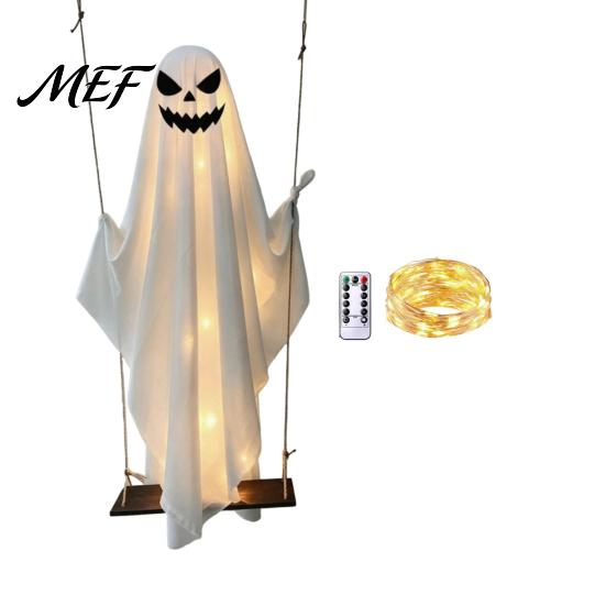 Hanging Wizard Hat Ghost for Porch Halloween Light Up Decoration, Spooky Large on A Outdoor Spirits with Warm Lights Swing Witch Front Yard Tree