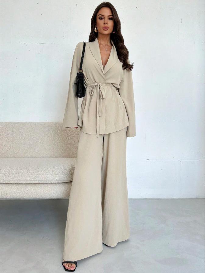 2025 Осень/Зима Элегантный женский комплект с V-образным вырезом и длинными рукавами, широкие брюки