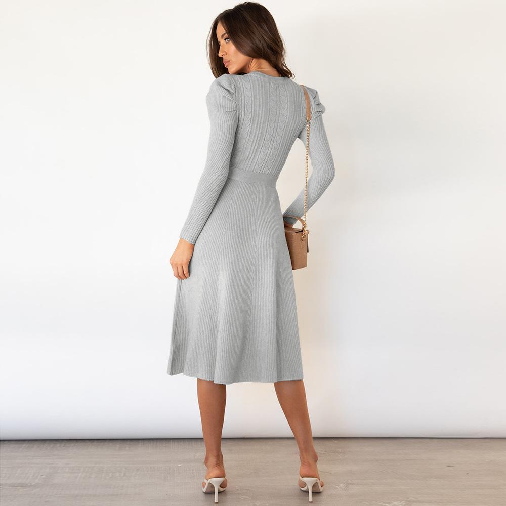 Autumn and Winter Women's Bubble Long-sleeved Knitted Dress Temperament Thin High Waist Big Swing Dress Bottoming Sweater Dresses