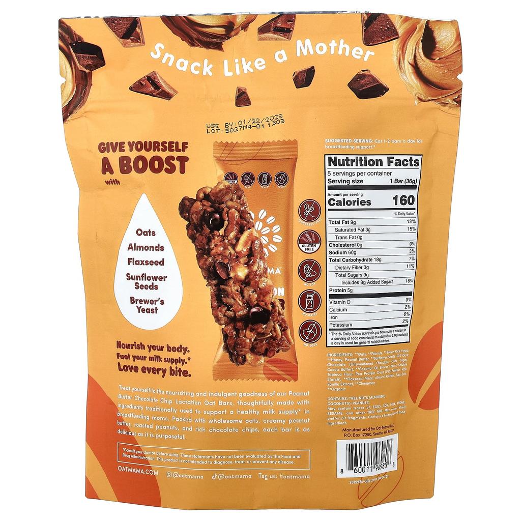 Oat Mama, Lactation Oat Bar, Peanut Butter Chocolate Chip, 5 Bars, 35g (1.27oz) each