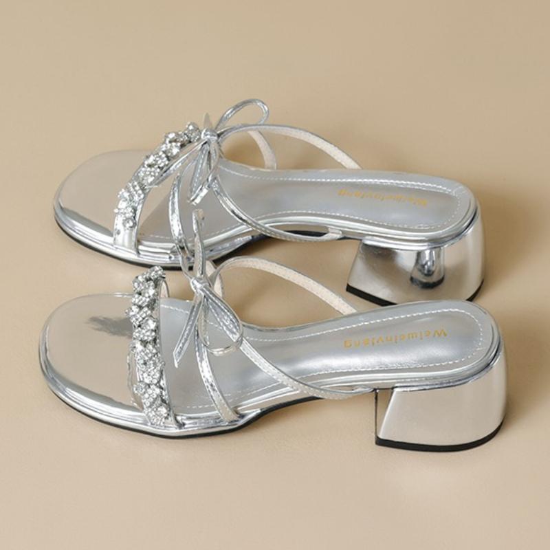 Fashion Sweet Butterfly-knot Narrow Band Slippers Women Luxury Rhinestone Design Brand Slide Sandals Comfort Elegant High Heeled Sandals