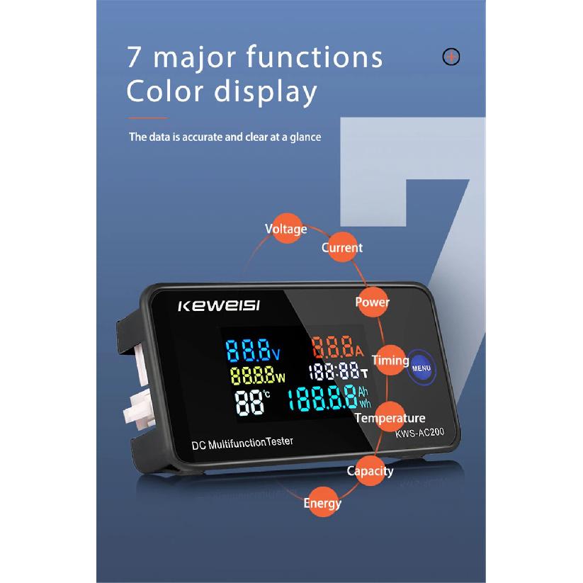 KWS-DC200 Digital Voltmeter 0-200V Voltage Seven Functions Power Energy Meter LED Color Display Wattmeter 0-10/50/100A