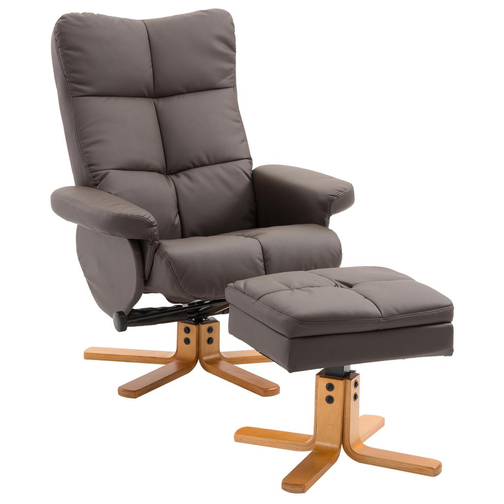 Recliner with Footstool, 360 degrees Swivel TV Chair with Reclining Function Reading Chair for Bedroom, Living Room, Faux Leather, Brown