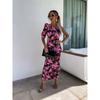 Summer Women's Slant Shoulder Printed Wrap Hip Pleated Split Long Dresses