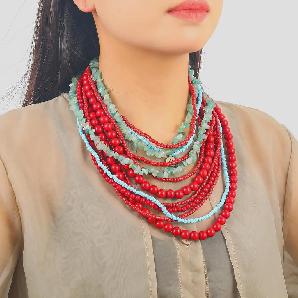 Exaggerated Multi-Layer Natural Gravel Beaded Necklace: European & American Luxury Handmade Stacked Clavicle Chain