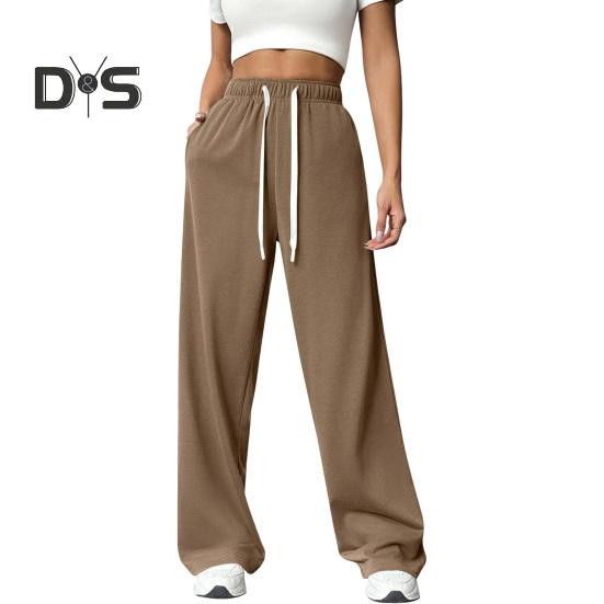 Women Pants Elastic High Waist Adjustable Drawstring Straight Wide Leg Trousers with Pockets Solid Color Casual Pants