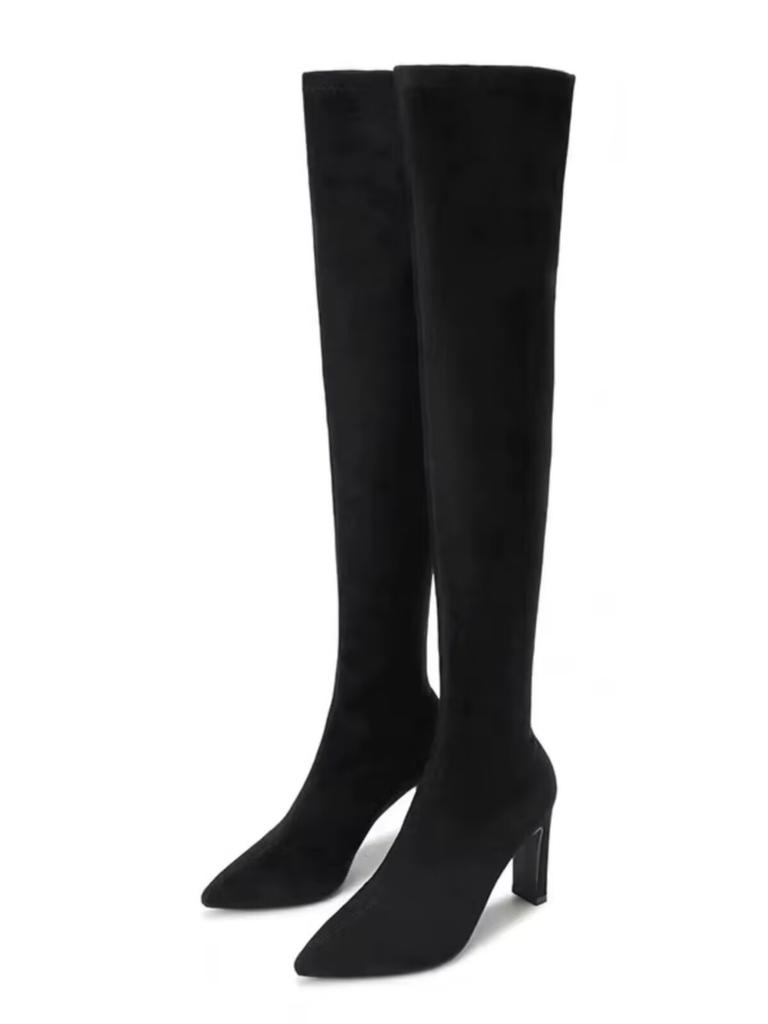 Осень и зима новые женские полусапожки на среднем каблуке однотонные на толстом каблуке остроносые тонкие сапоги до колена эластичные сапоги детские