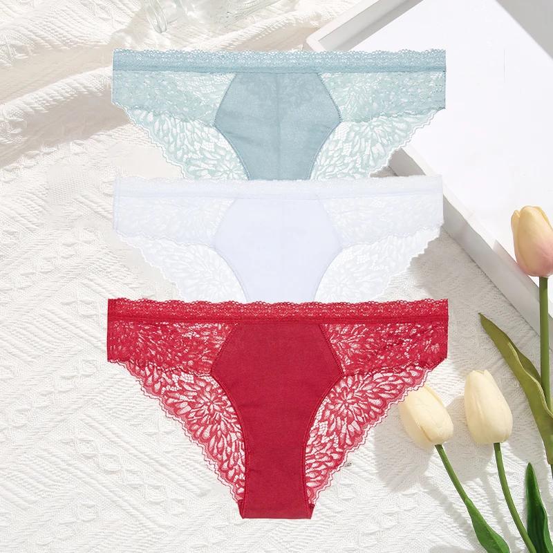 3Pcs/Set Women Sexy Lace Panties Transprant Hollow Out Low Waist Briefs Female Solid Soft Breathable Comfort Underwear Lingerie