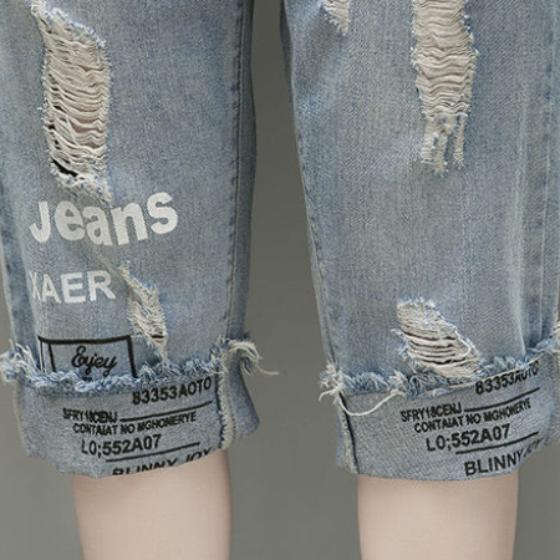 Летние свободные и рваные укороченные брюки больших размеров с принтом, женские модные узкие прямые джинсы